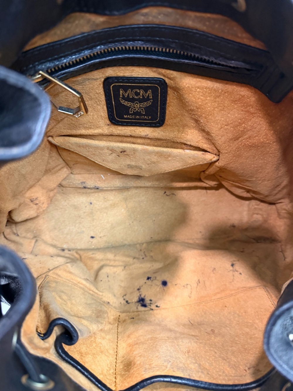 MCM Black Leather Monogram Drawstring Hobo with Gold Hardware - Picture 11 of 15